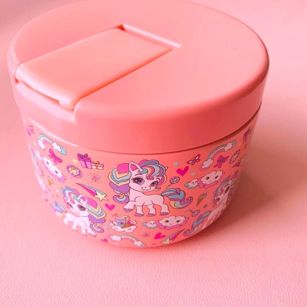 Vacuum food jar stainless steel with unicorn print, pink, 4" W, 3.5" H